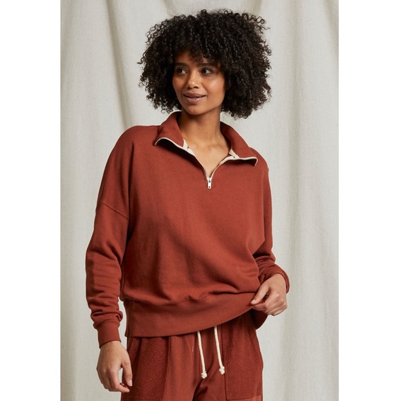 perfectwhitetee Maren French Terry Half Zip Sweatshirt in Russet Size S - Picture 1 of 13